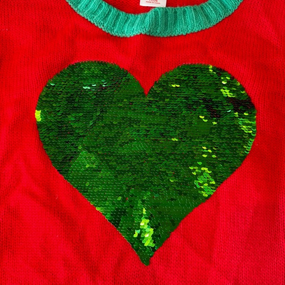 HOLIDAY TIME Christmas Sweater~Flip Sequin Green/Silver Heart~Girls L 10-12 PLUS - Picture 5 of 12